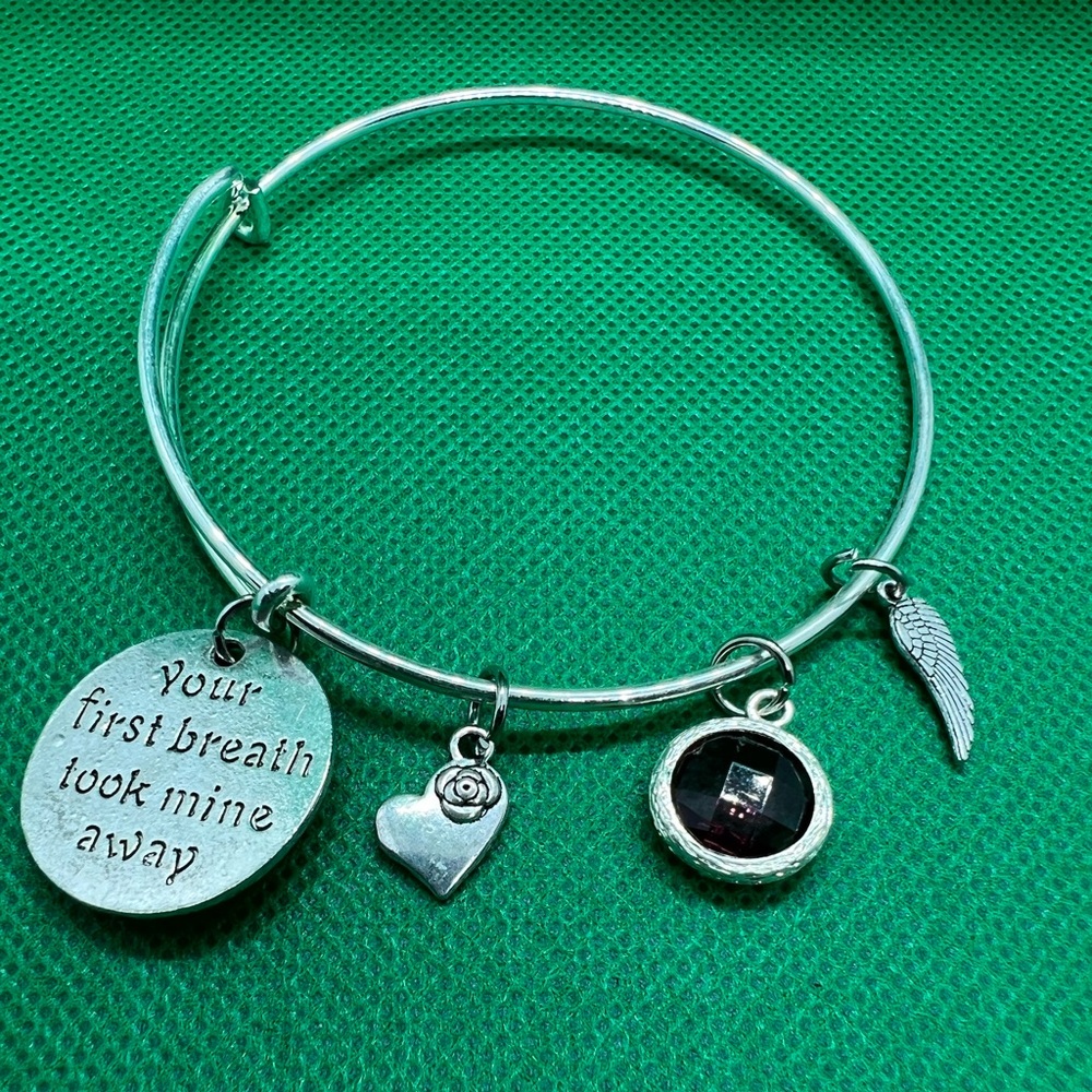 New “Your first breath took mine away” Bracelet with 3 charms Silver Tone